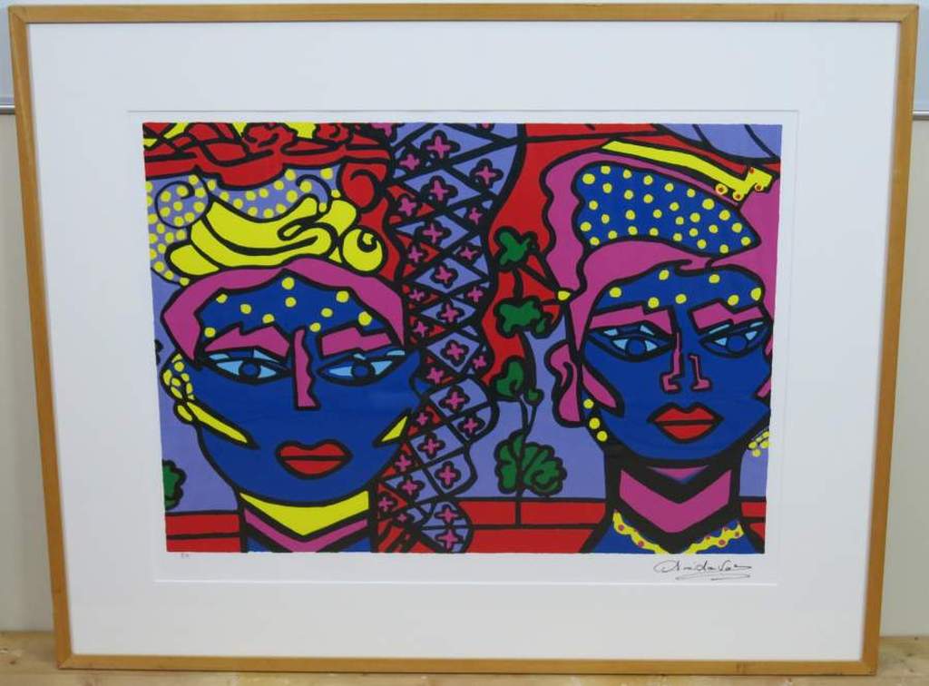 Anita Vos: Zeefdruk, Twee Vrouwen - Ingelijst kopen? Bied vanaf 30!