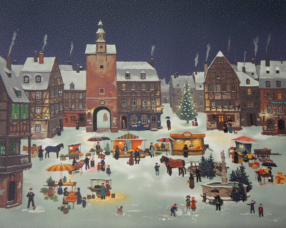 Lithografie - Michel Delacroix (1933), Kerstmarkt kopen? Bied vanaf 25!