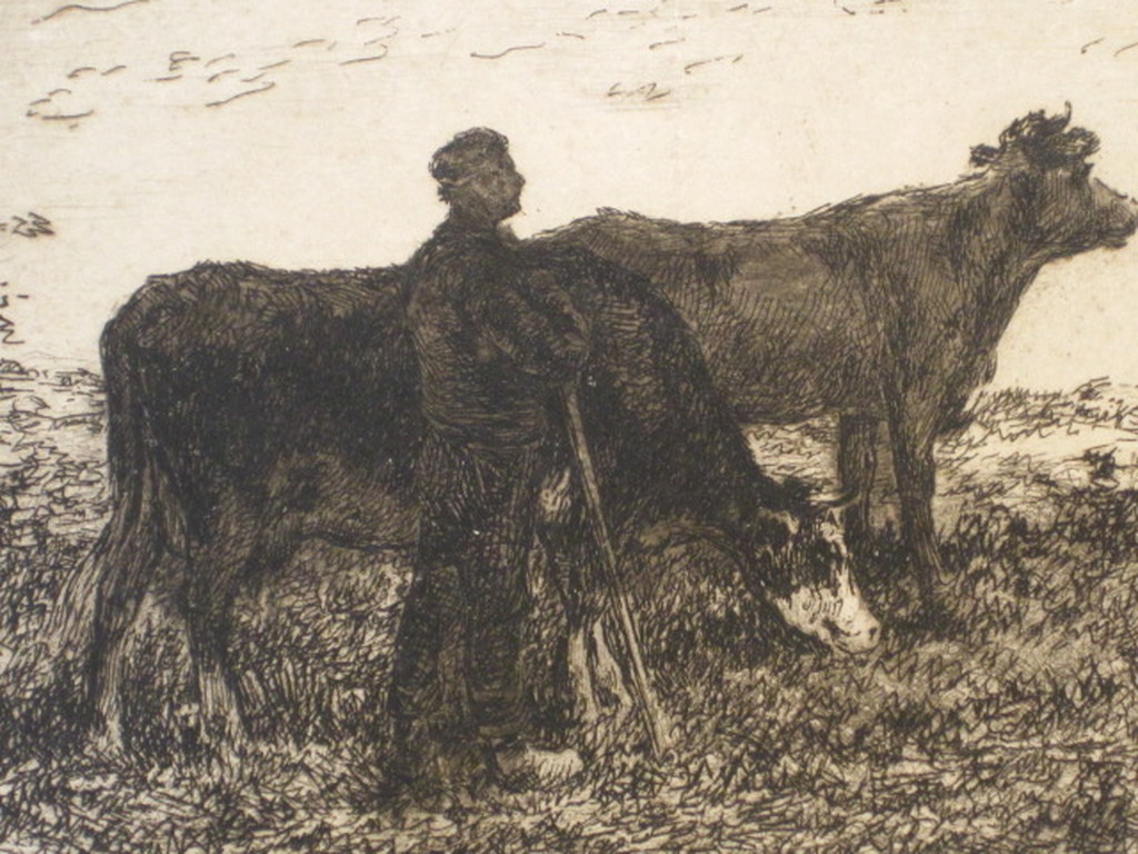 19e eeuwse Haagse School ets "Boer en Koe" van Jan Vrolijk 1846-1894 verkocht voor € 55!