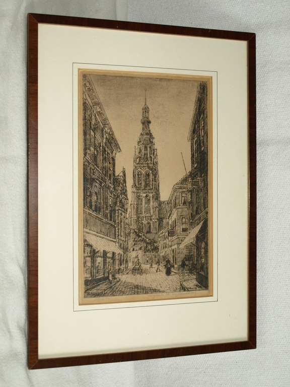 Eugène Rensburg (1872–1956) – Ets – Breda – Gesigneerd en ingelijst – ca 1930 kopen? Bied vanaf 35!