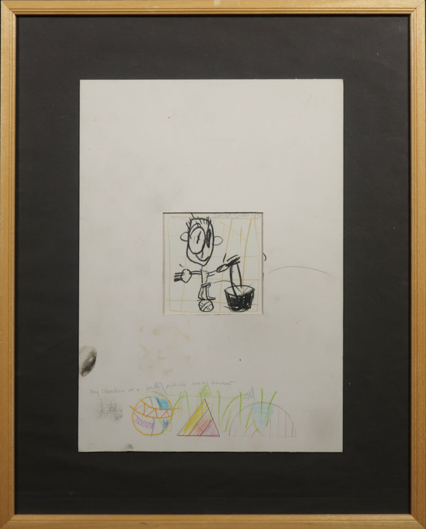 David Spiller: Potloodtekening, Boy standing on a ball pissing in a - Ingelijst verkocht voor € 100!
