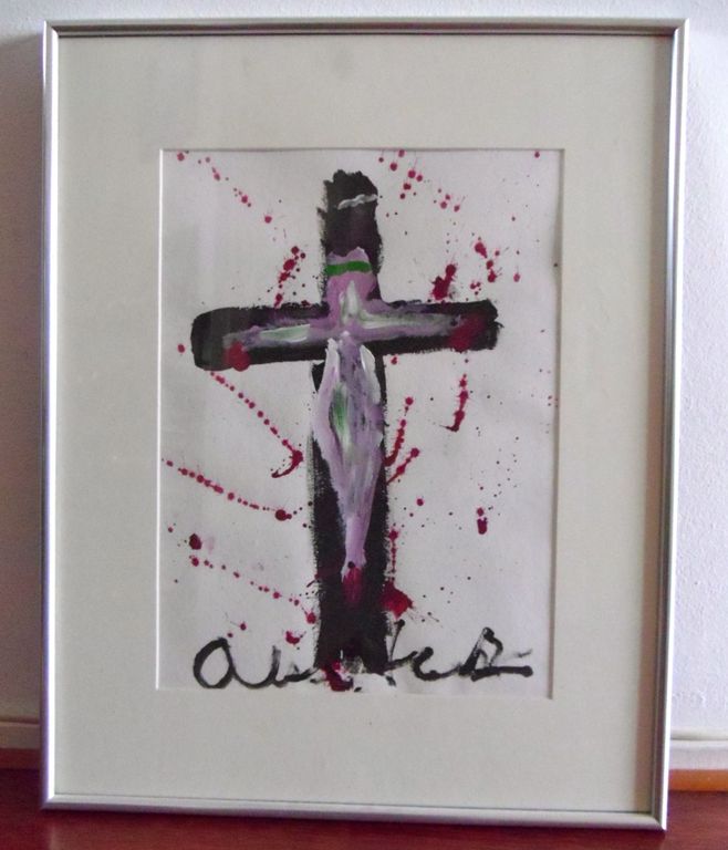 Anton Heyboer, schilderij, acryl op papier, crucifix verkocht voor € 125!