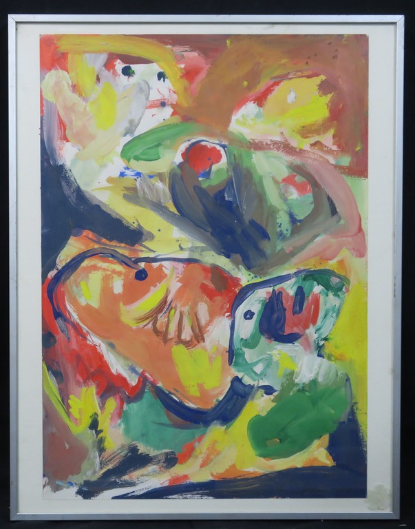 Finn Pedersen: Acryl en Aquarel op papier, Z.T. CoBrA figuren - Ingelijst verkocht voor € 190!