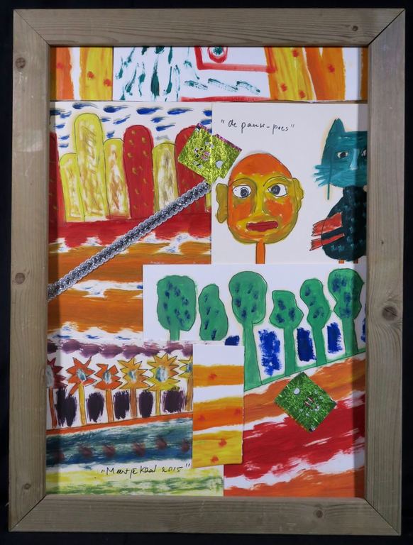 Meertje Kaal: Olieverf en collage op karton, De pauw poes - Ingelijst kopen? Bied vanaf 1!