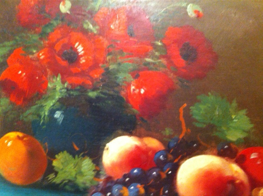 Tilly Moes, bloemstilleven. Met fruit en klaprozen verkocht voor € 100!