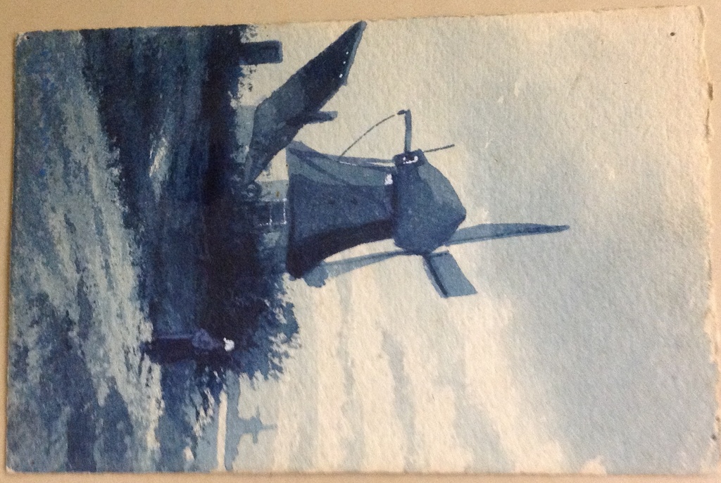 Trio van aquarellen door H.J. Duiverman; molens in blauw-witte tinten kopen? Bied vanaf 45!