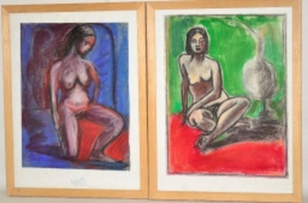 Carla van Slooten : Twee pastels, Zittend en staand naakt  verkocht voor € 45!