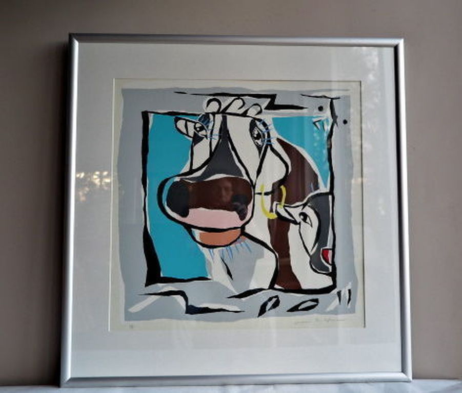 Jeroen Gerlofsma - Grote (!)Zeefdruk ingelijst- Handgesigneerd - 'Koe met kalf'  kopen? Bied vanaf 1!
