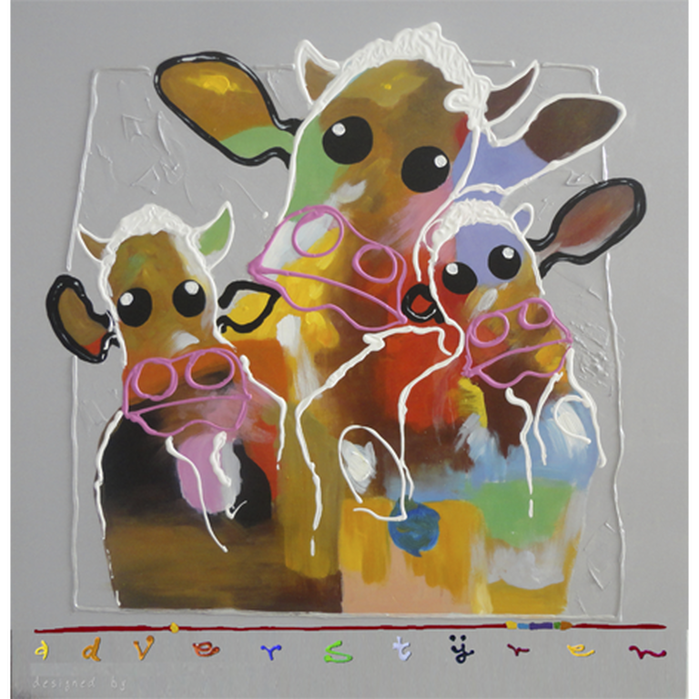 AD VERSTIJNEN, schilderij: acrylverf op linnen '3 x Boeh (100x100 cm.)' verkocht voor € 275!