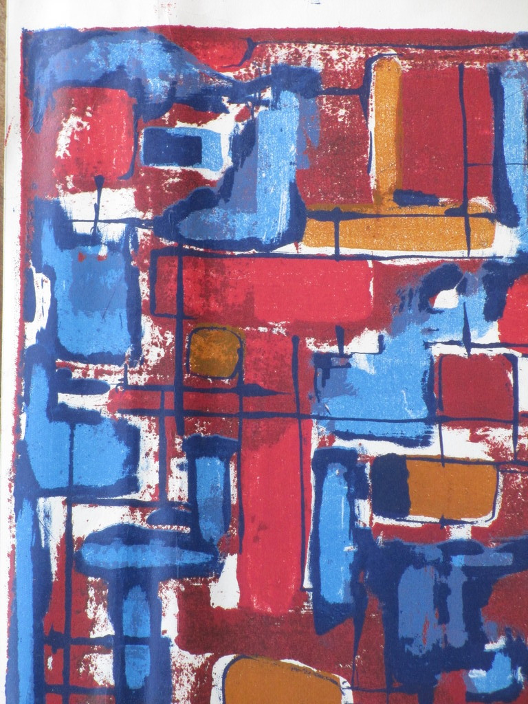 Wim Motz, Compositie in rood en blauw, Kleurenlitho kopen? Bied vanaf 1!