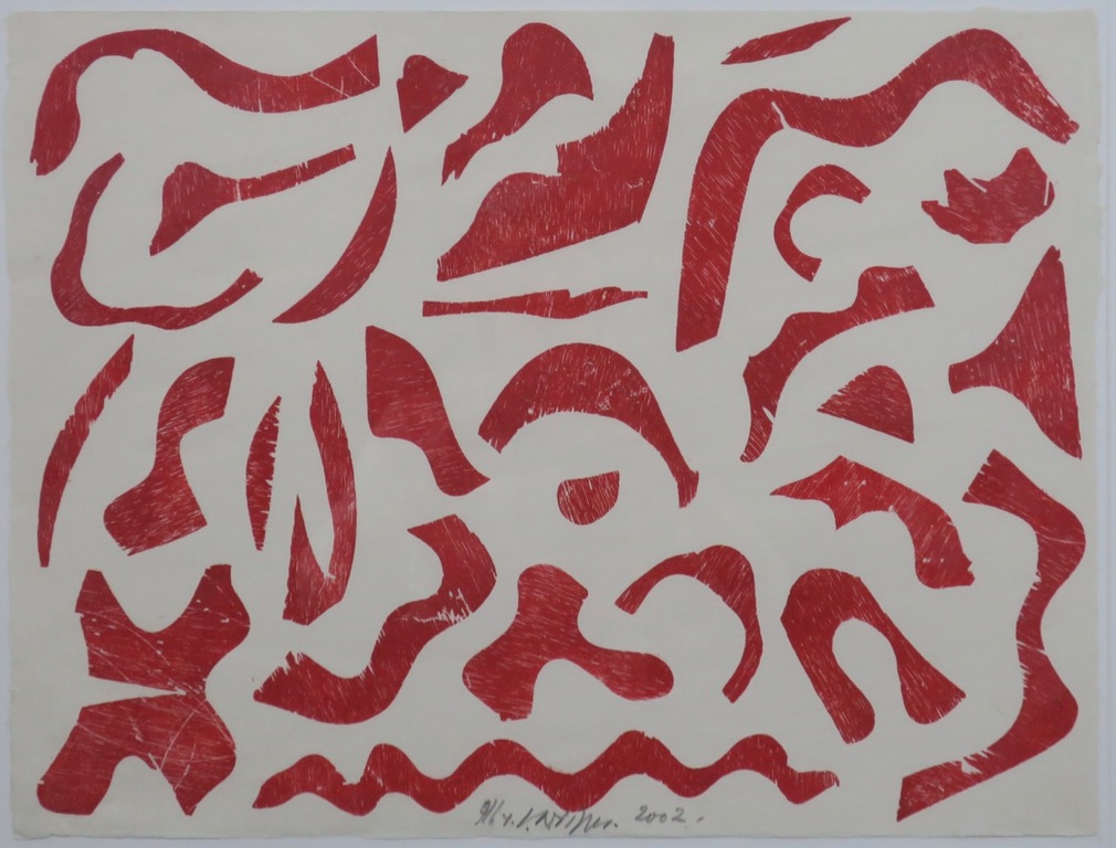 Carel Visser: Houtsnede, Zonder titel (rood) - Ingelijst kopen? Bied vanaf 120!