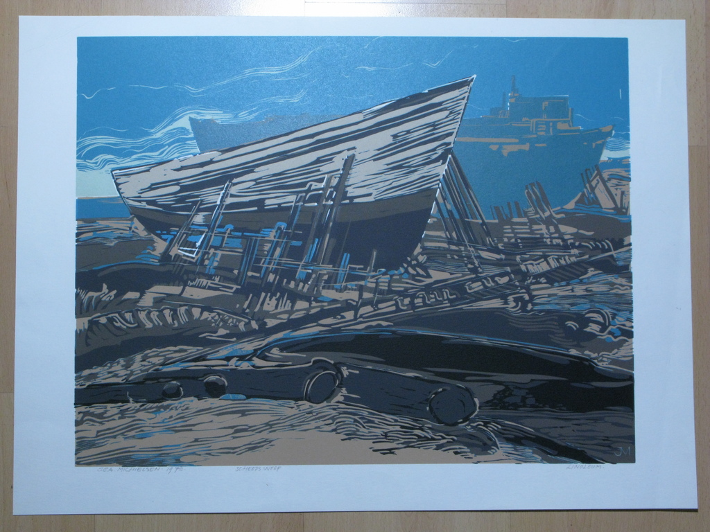 Jan C.A.Michielsen, Scheepswerf, Linoleum druk, gesigneerd, gedateerd. kopen? Bied vanaf 1!