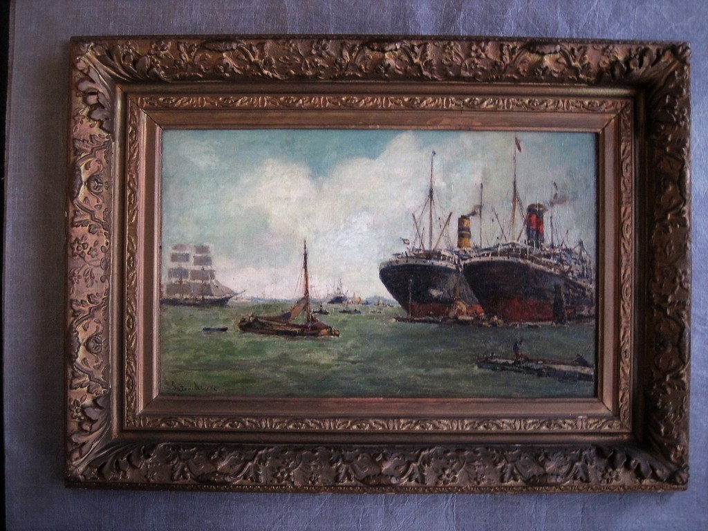 Magnifiek olieverf van Anton Dirckx (1878-1927) "Schepen in haven van Rotterdam" kopen? Bied vanaf 1!