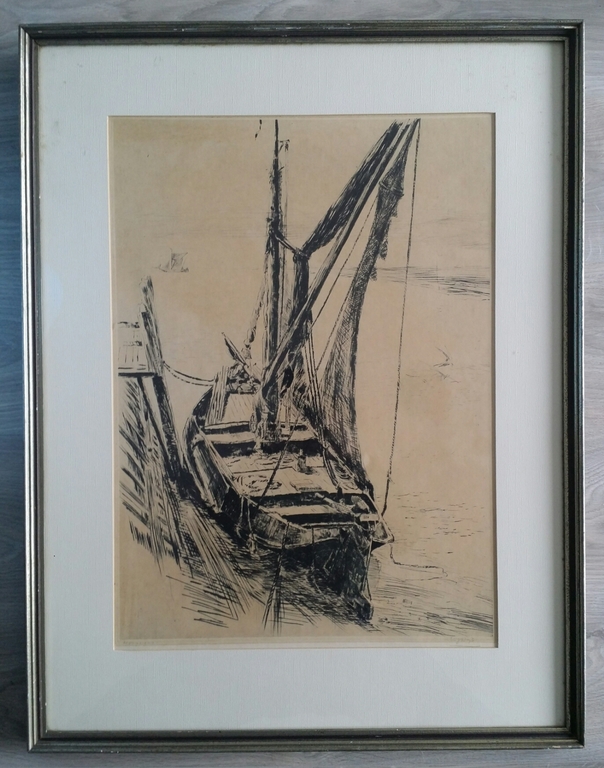 Willem Jans Dijk. Ets. Zeilschip. kopen? Bied vanaf 55!