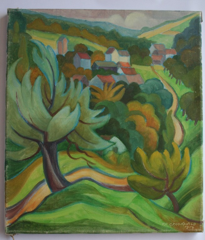 Theo Groeneveld - olieverf op doek - Dorp in Zuid Limburg - 1954 - gesigneerd kopen? Bied vanaf 1!