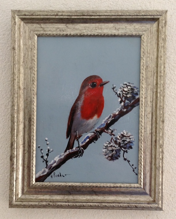 Henk Poeder, roodborstje op sneeuwtak, olieverf op paneel verkocht voor € 49!