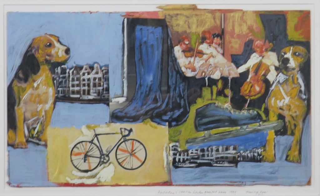 Meertje Kaal: Acryl op papier, Amsterdam sport en honden quartet - Ingelijst kopen? Bied vanaf 40!