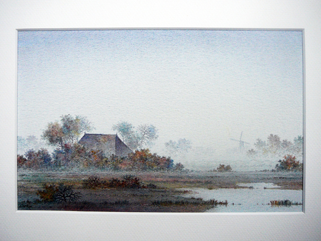 Denkor: Hoeve in rivierenlandschap -aquarel- kopen? Bied vanaf 40!
