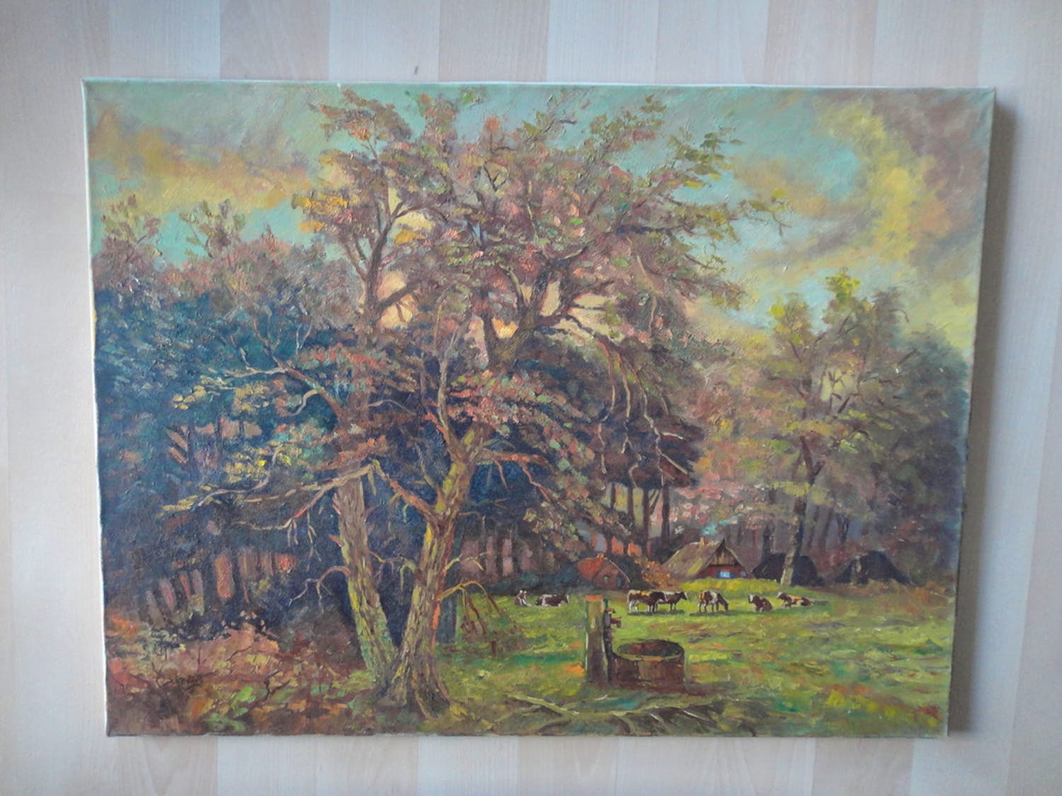 Jan Koning - olieverf op doek, koeien aan bosrand verkocht voor € 1!