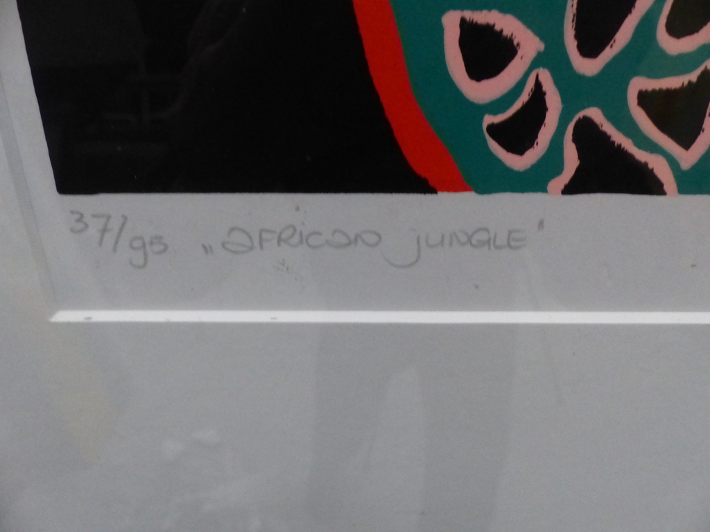 Marianne Naerebout,Zeefdruk op papier,African jungle,Oplage 37/95 ,ingelijst kopen? Bied vanaf 100!