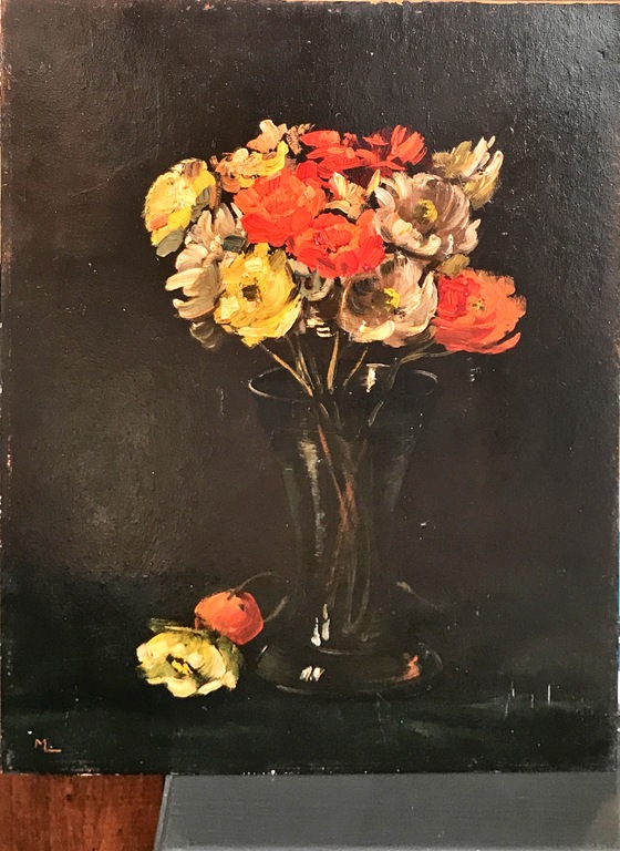 bloemstilleven, gemonogrammeerd, olie op board kopen? Bied vanaf 1!