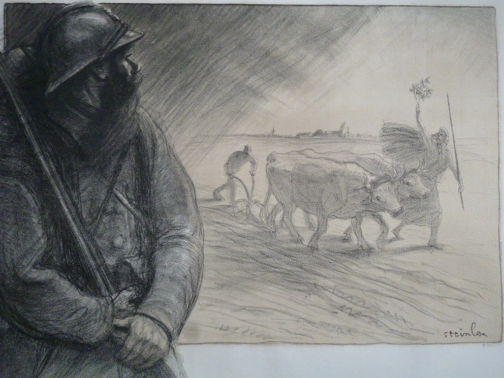 T.A. Steinlen - litho - Soldaat, ploegende boer en man met stok en tak met blad kopen? Bied vanaf 80!