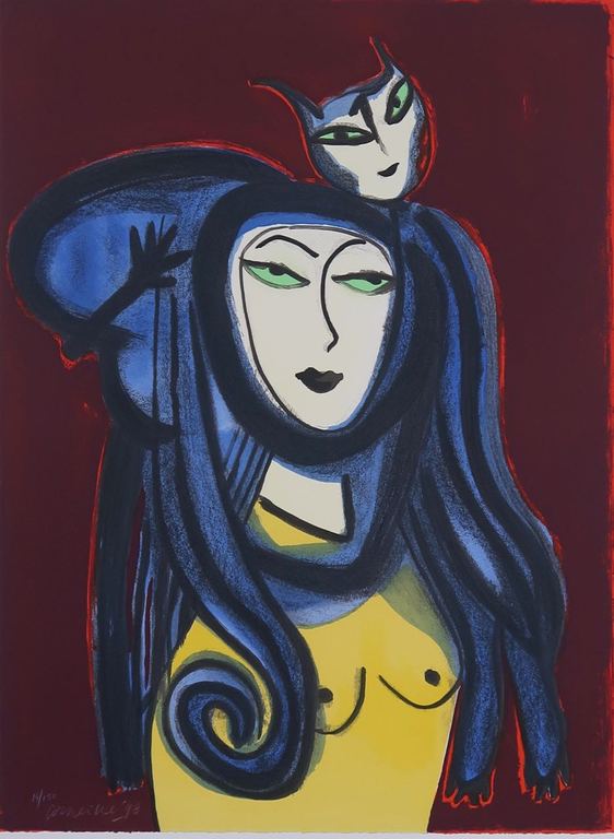 Corneille: Lithografie, Femme et chat - Ingelijst (Groot) kopen? Bied vanaf 200!