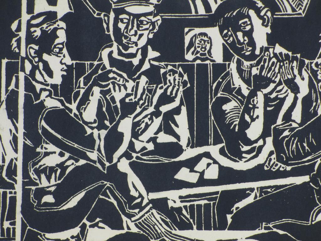 Toon Wegner, Kaartende vissers, Linosnede kopen? Bied vanaf 30!