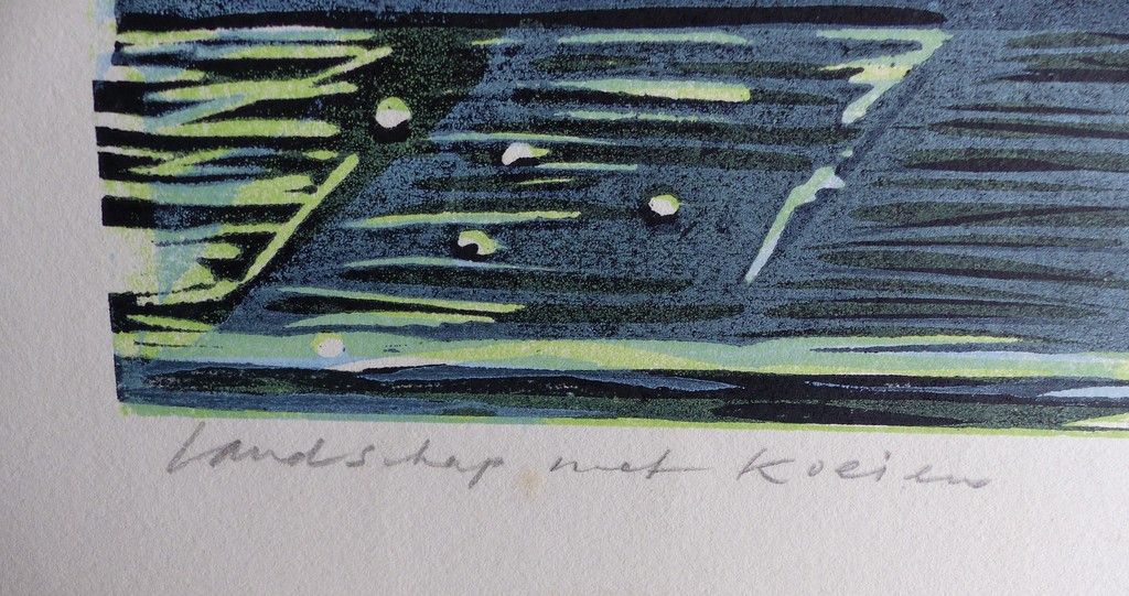 Luuk Scholten (1933), houtsnede, ''Landschap met koeien kopen? Bied vanaf 30!