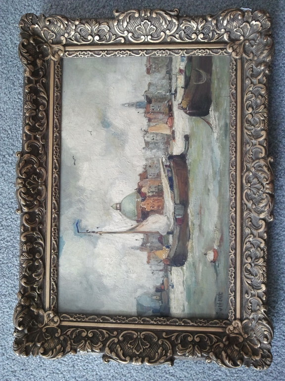  stadsgezicht vanaf het water, Olieverf op board.   kopen? Bied vanaf 1!