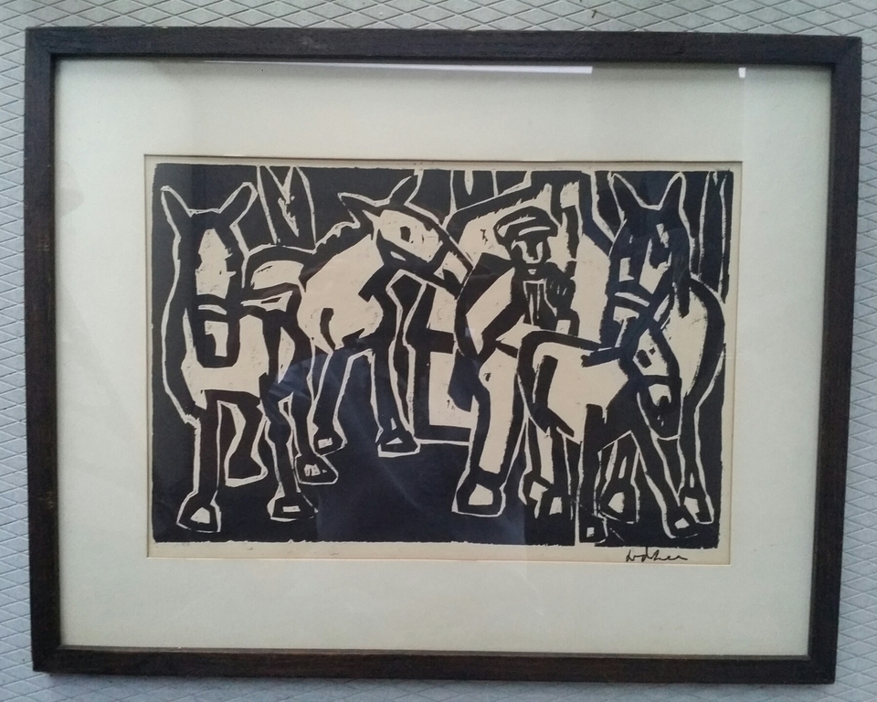 Jan van der Zee, Houtsnede, Paarden en man / Paardenmarkt kopen? Bied vanaf 175!