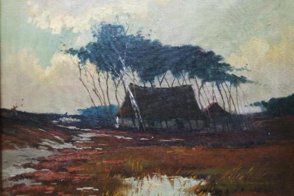 Heidelandschap met boerderij - olieverf op doek verkocht voor € 35!