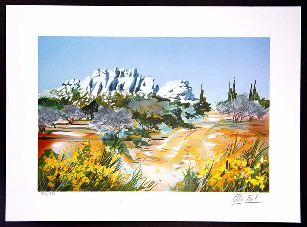 ELLA FORT - SÜDLICHE GEBIRGSLANDSCHAFT, zomerse kleurenlitho, handgesigneerd kopen? Bied vanaf 1!