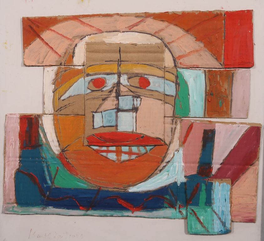 Meertje Kaal: Olieverf en collage op karton, Politieagent in aktie - Ingelijst kopen? Bied vanaf 1!