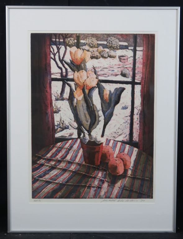 Marcel Schellekens: Ets, 3 tulpen / 3 sinaasappels - Ingelijst verkocht voor € 71!