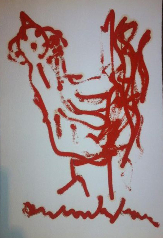 Anton Heyboer, Schildering op handgeschept papier, Kip in rood kopen? Bied vanaf 200!