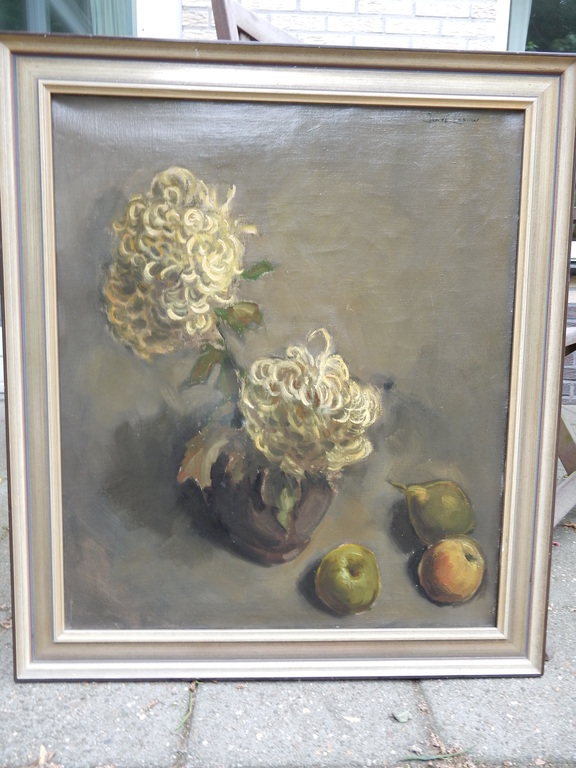 Jan de Leeuw, stilleven, met chrysanten in vaas met appels,olieverf op doek kopen? Bied vanaf 100!