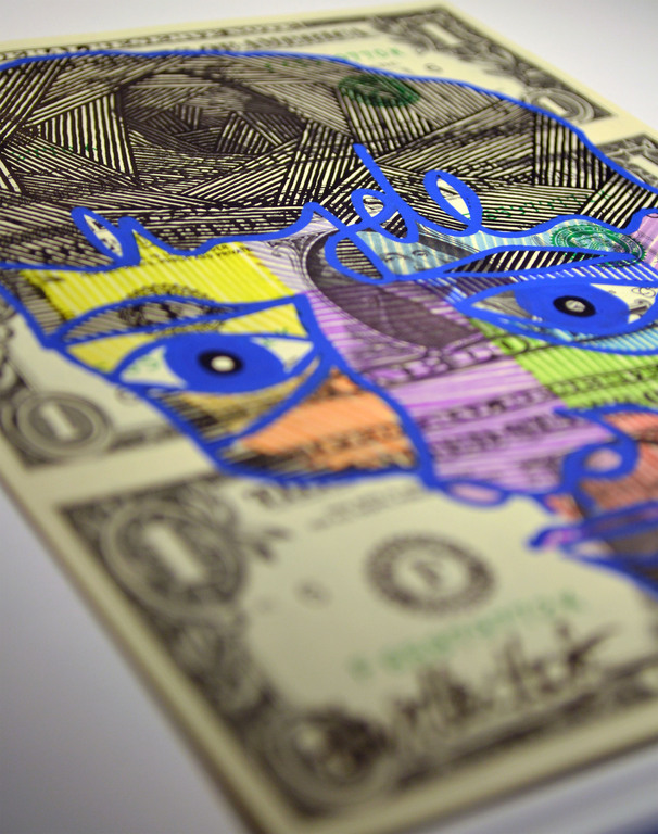 Hayden Kays: acrylverf op dollar biljetten, "Feeling a little Blue" kopen? Bied vanaf 485!