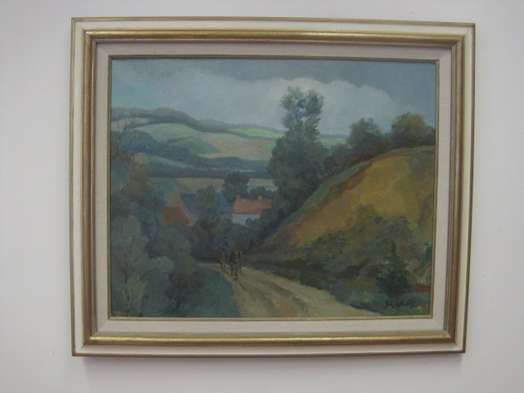 Joh. Eshuis 1904-1971 - "Paard en wagen in landschap" olieverf ca. 1940 verkocht voor € 50!