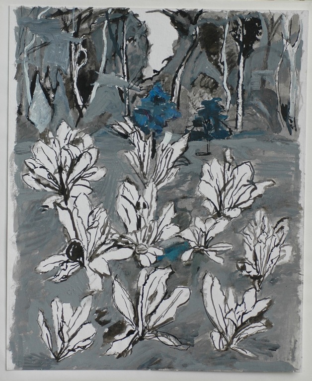 Hans Ebeling Koning, pen- en penseeltekening, Grijsblauw Bloemenveld kopen? Bied vanaf 100!