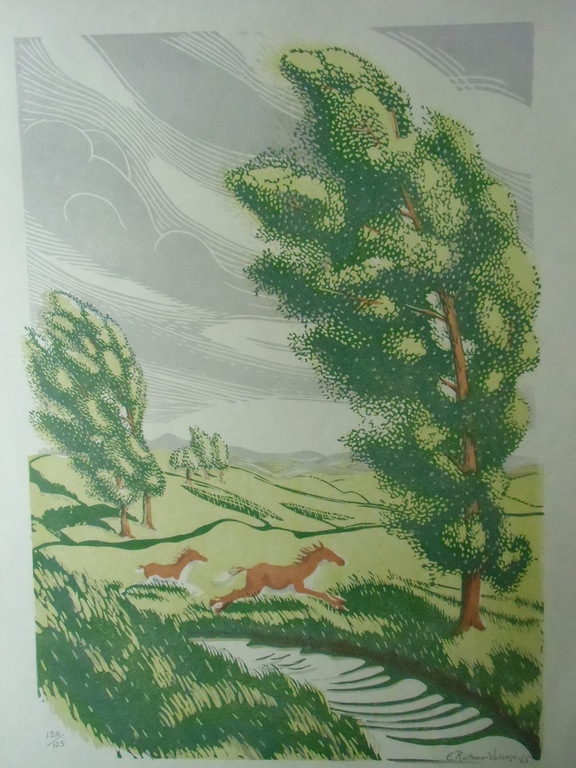 PAARDEN IN EEN STORMACHTIG LANDSCHAP  /// KLEURENLINOSNEDE VAN ENGELIEN REITSMA kopen? Bied vanaf 60!