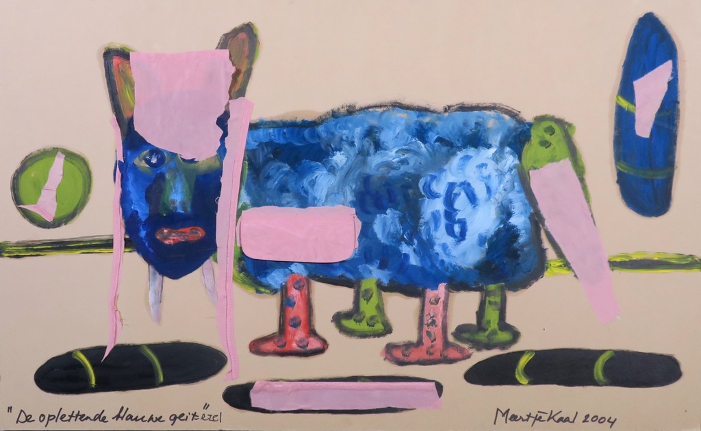 Meertje Kaal: Olieverf en collage op karton, De oplettende.. - Ingelijst kopen? Bied vanaf 1!