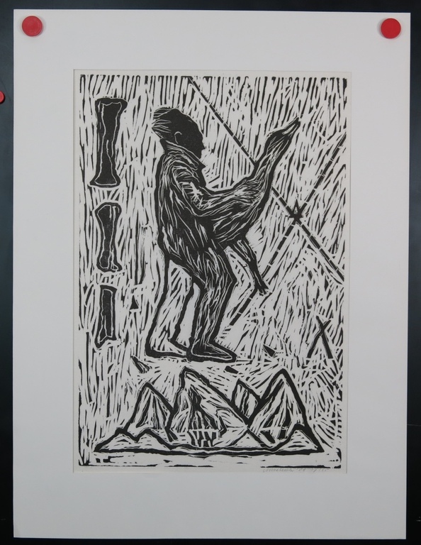 Anne Semler: Lino op rijstpapier, Man met vogel kopen? Bied vanaf 1!