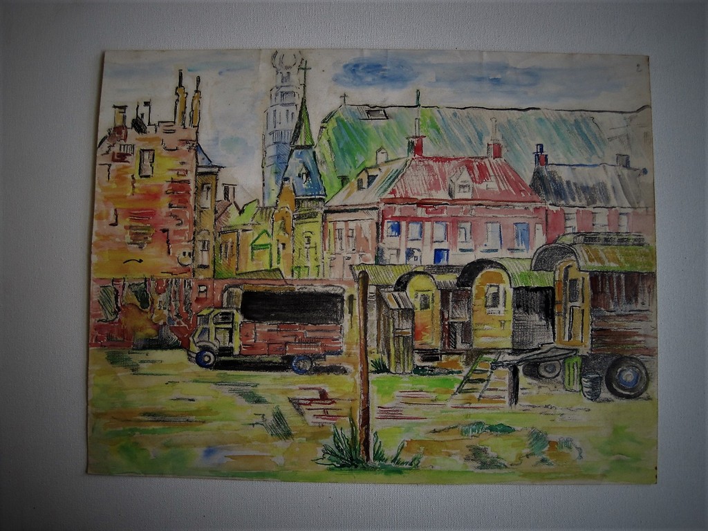 Mooie oude ca 1930 Aquarel "Woonwagens in Amsterdam Westertoren" onges. kopen? Bied vanaf 1!