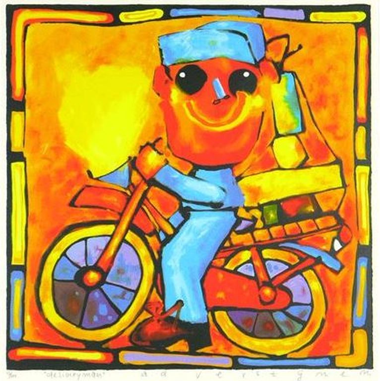 Ad Verstijnen: Zeefdruk, Delivery Man - ingelijst verkocht voor € 150!