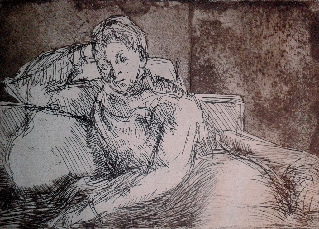 Oude ets - liggende vrouw in bed kopen? Bied vanaf 1!