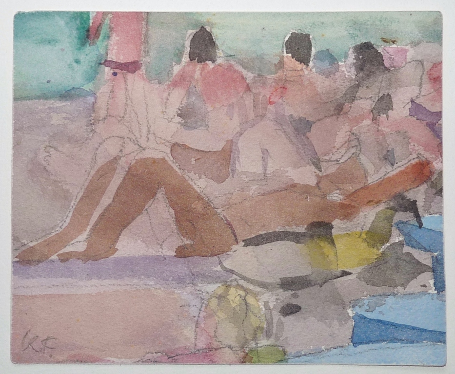 Kees Franse, Aquarel, Strand met figuren, Gesigneerd verkocht voor € 75!