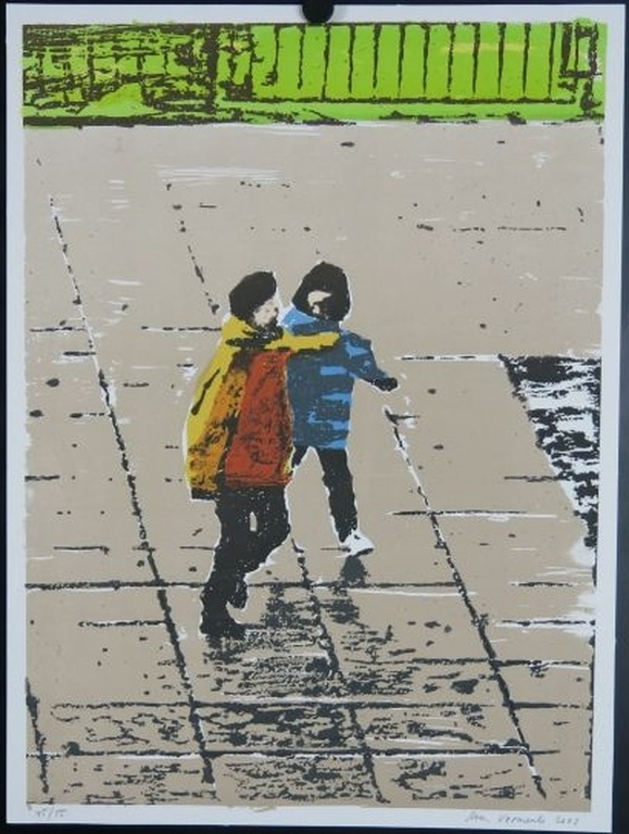 Koen Vermeule: Zeefdruk, Twee figuren (geel/blauw) verkocht voor € 85!