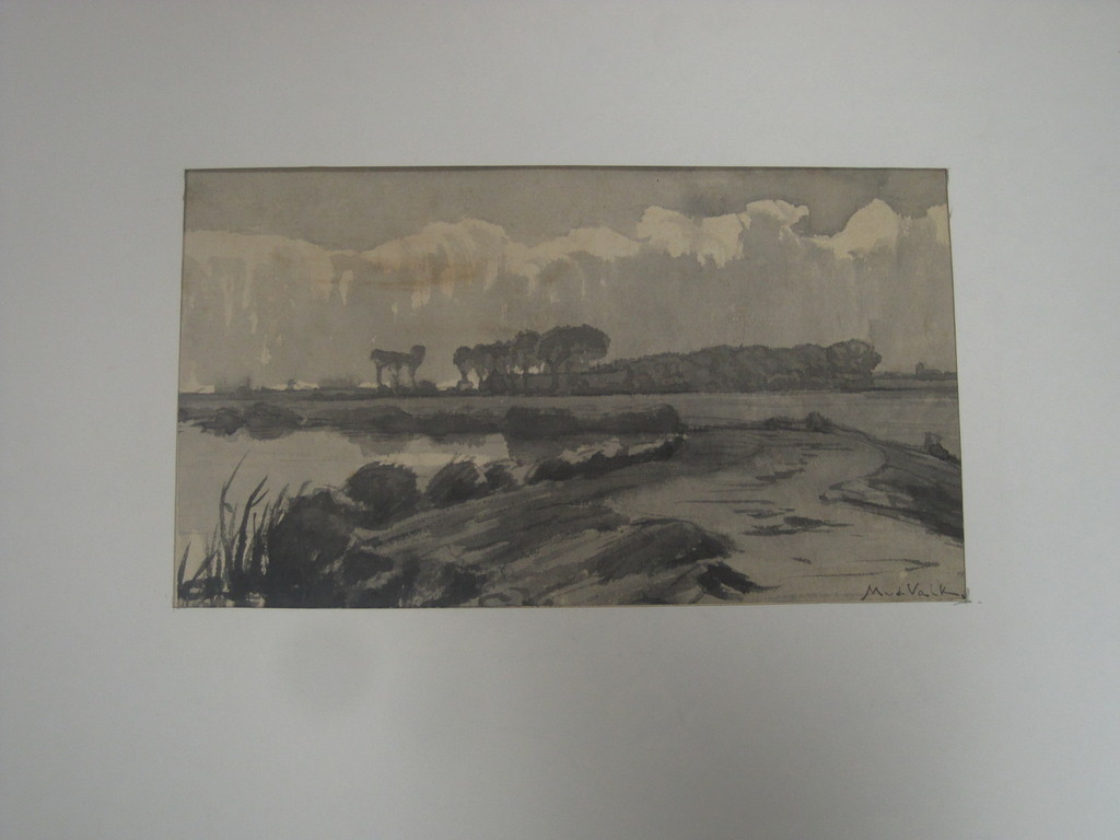 Maurits v/d Valk sepiatekening "Hollands rivierlandschap" omstreeks 1900  kopen? Bied vanaf 1!