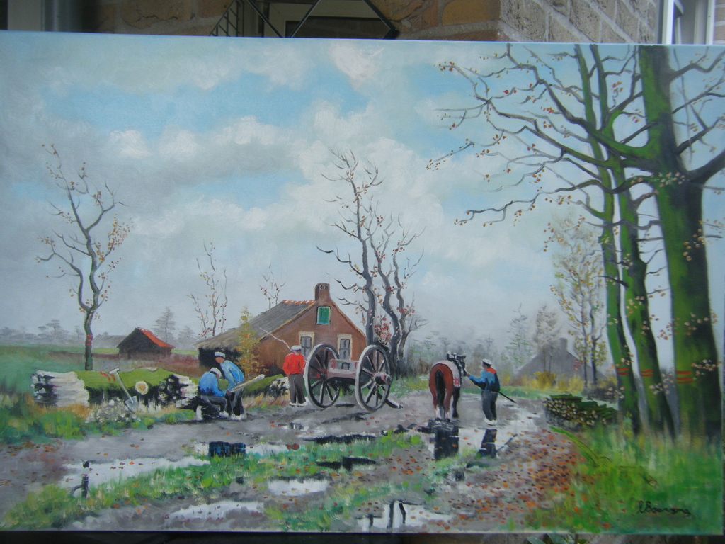 Liekele Boersma ,olieverf op doek ,Houthakkers met mallejan kopen? Bied vanaf 175!